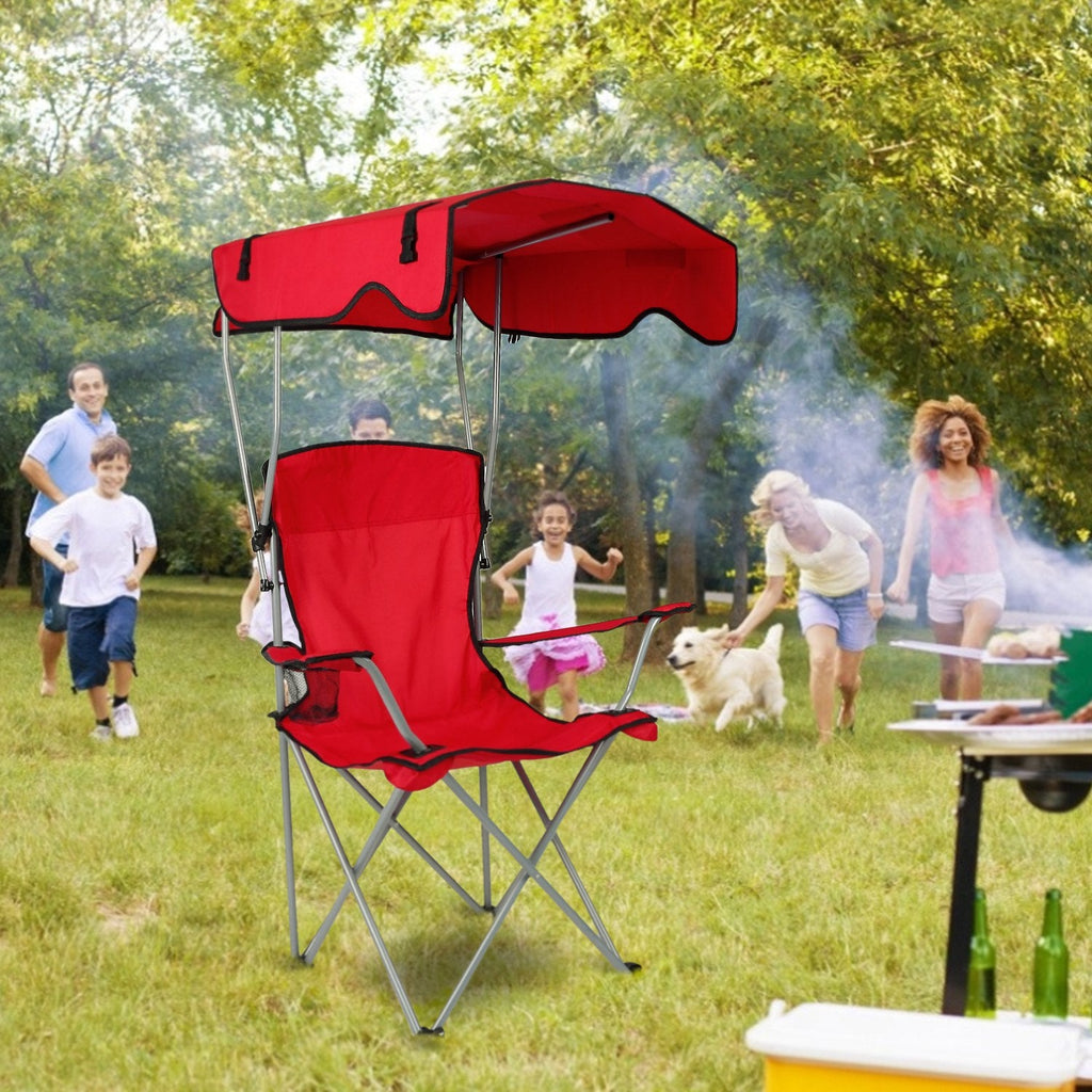 Foldable beach canopy chair with red sunshade and padded seat for outdoor lounging