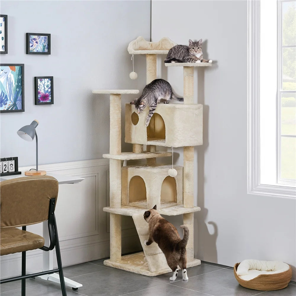 Beige multi-level cat tree with two condos, padded top perch, dangling toys and ramp