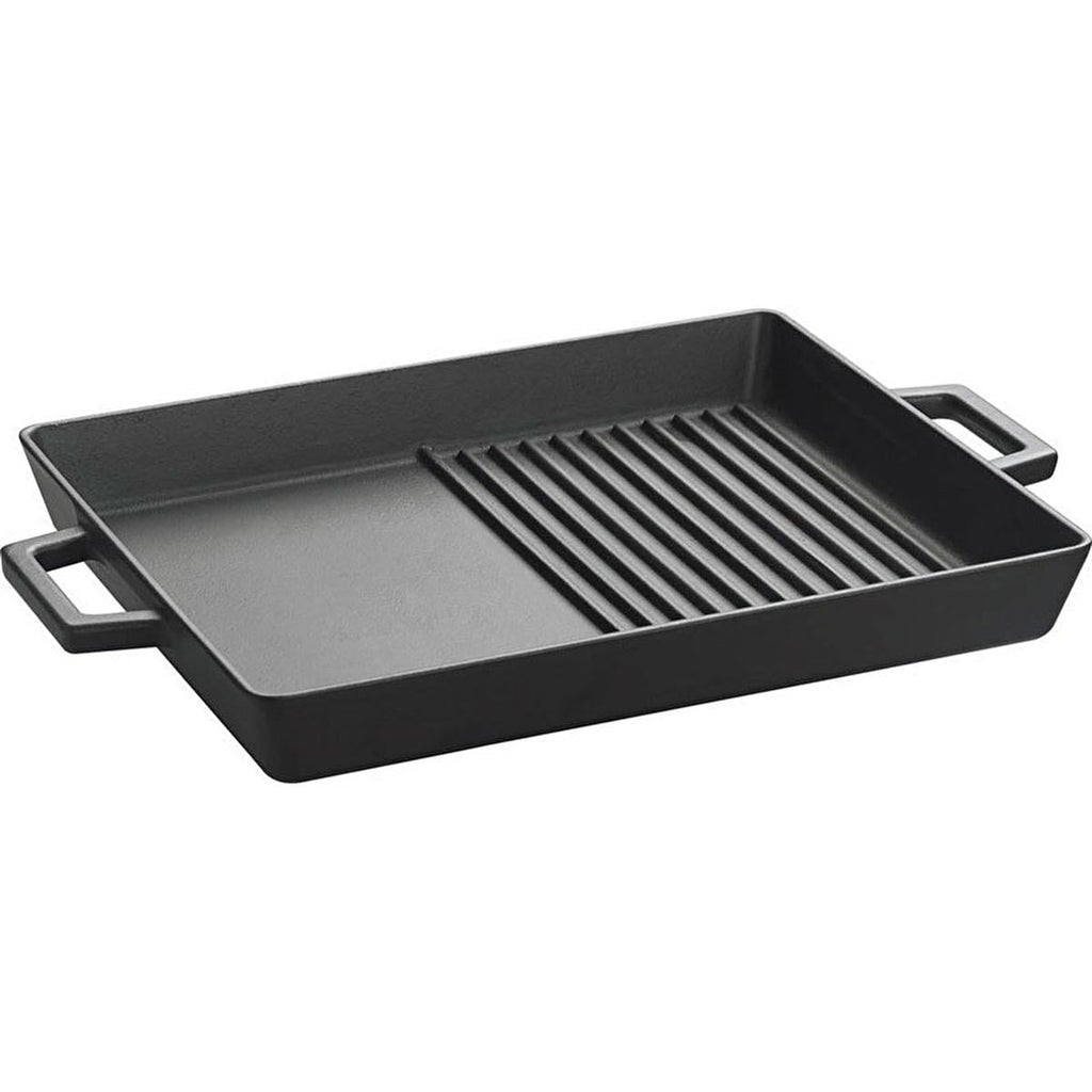 Rectangular enamel grill and fry pan with ridged grill section and two side handles
