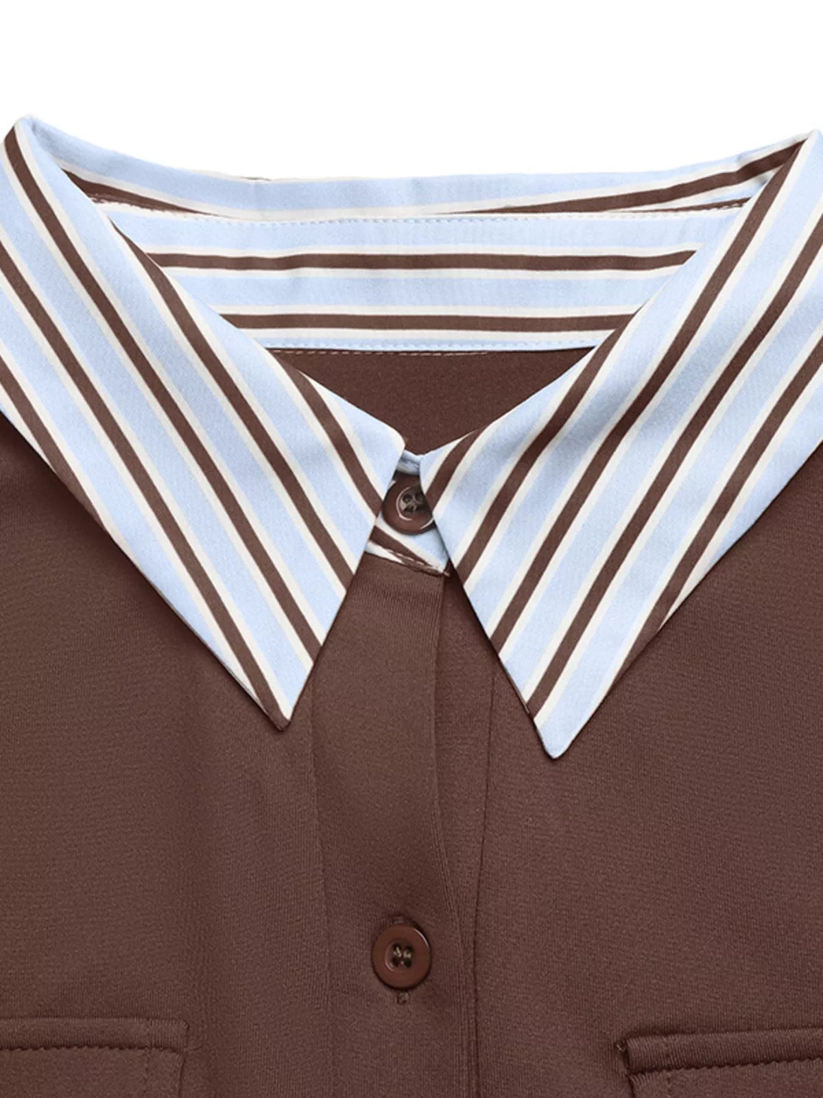 Brown bodysuit neckline with striped collar trim and button placket
