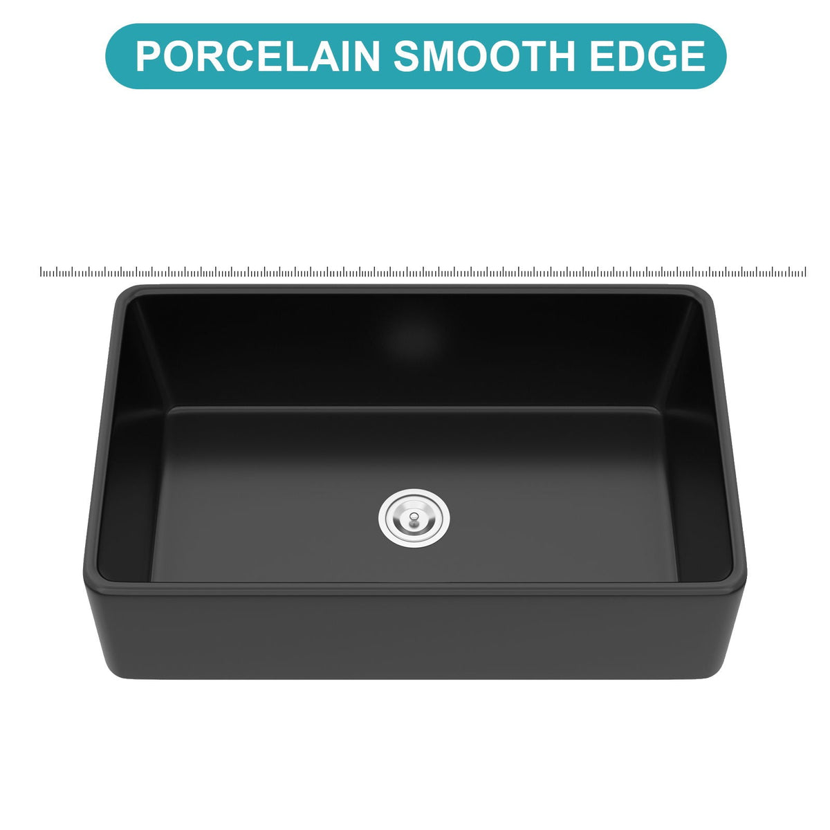 Black ceramic single-bowl sink basin close-up with smooth rim and drain strainer