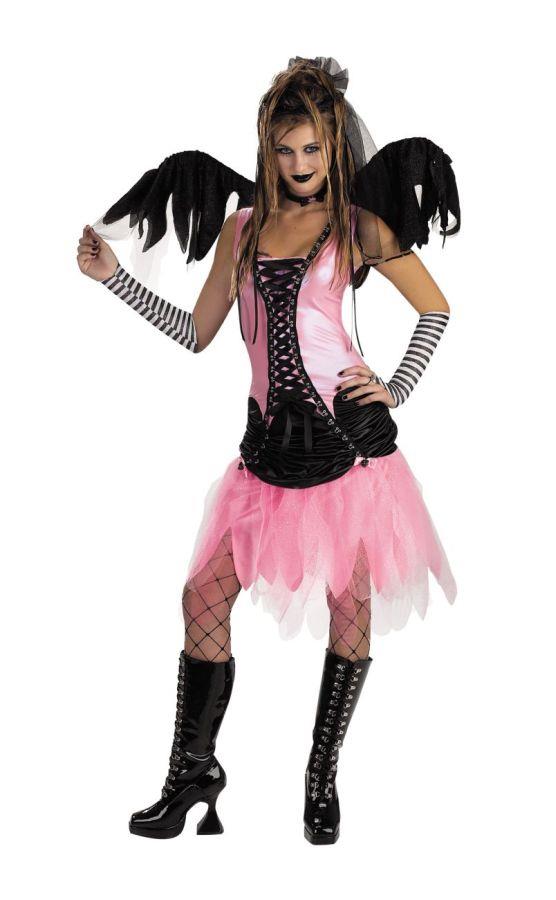 Pink and black fairy gothic costume dress with corset bodice, wing sleeves, tutu skirt.