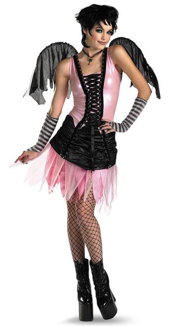 Pink and black fairy gothic costume with black corset, wing sleeves, and layered tutu skirt.