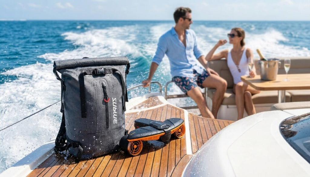 Waterproof backpack 30L, dark gray on a boat deck with top flap and front straps
