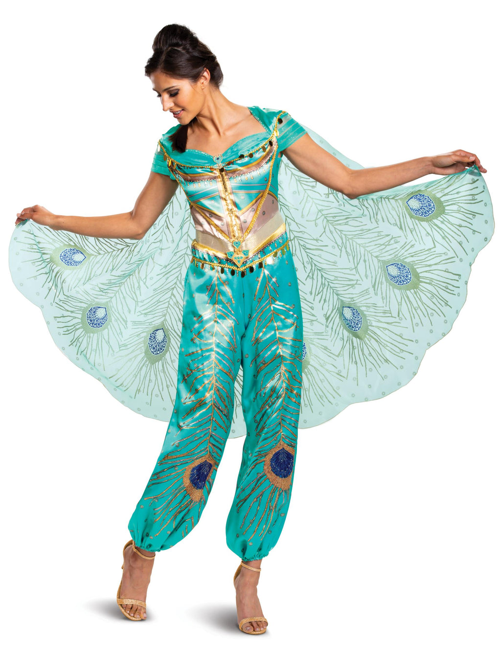 Teal adult peacock-feather jumpsuit costume with gold trim and flowing sheer cape