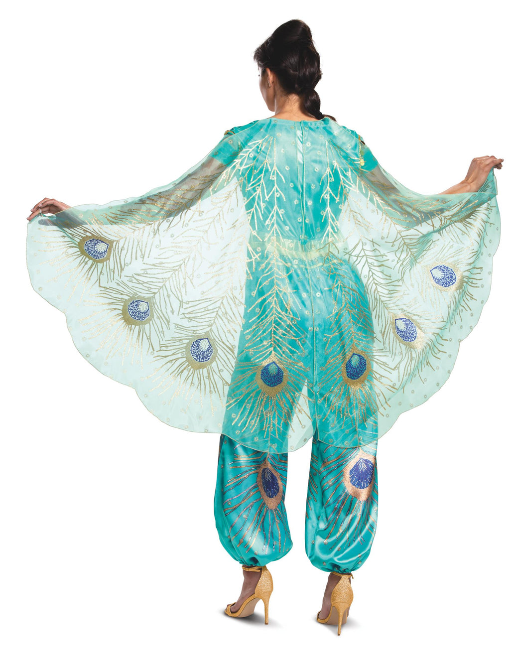 Back view of teal peacock-feather jumpsuit costume with gold trim and flowing cape