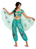 Teal peacock-print adult costume jumpsuit with gold trim and wide flowing cape