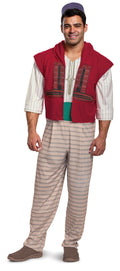 Adult Aladdin-style street rat costume: red vest, striped shirt, gray striped pants, cap