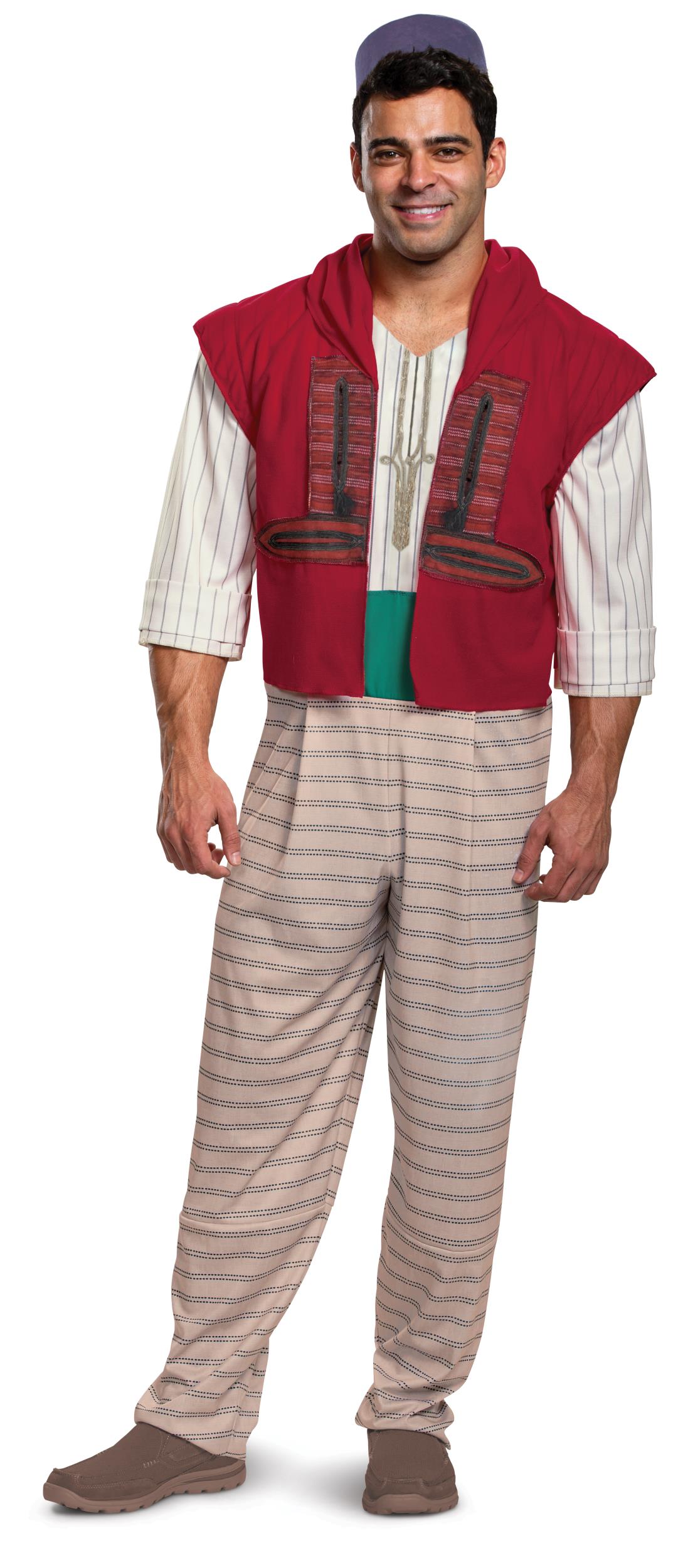 Adult Aladdin-style street rat costume: red vest, striped shirt, gray striped pants, cap