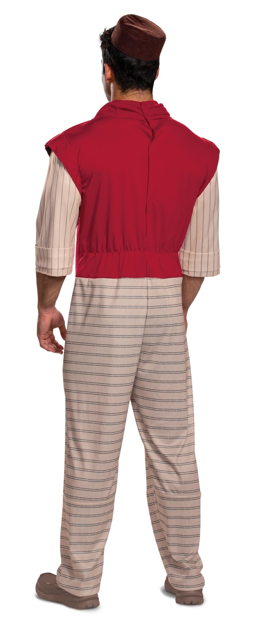 Back view adult street rat costume with red vest, striped shirt, gray striped pants, cap
