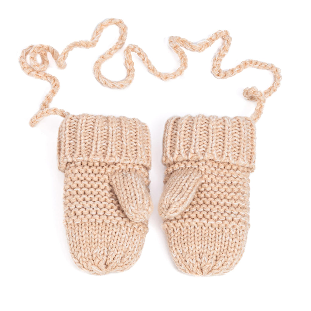 Natural taupe knit chick mittens with ribbed cuffs and attached dangling cord ties.