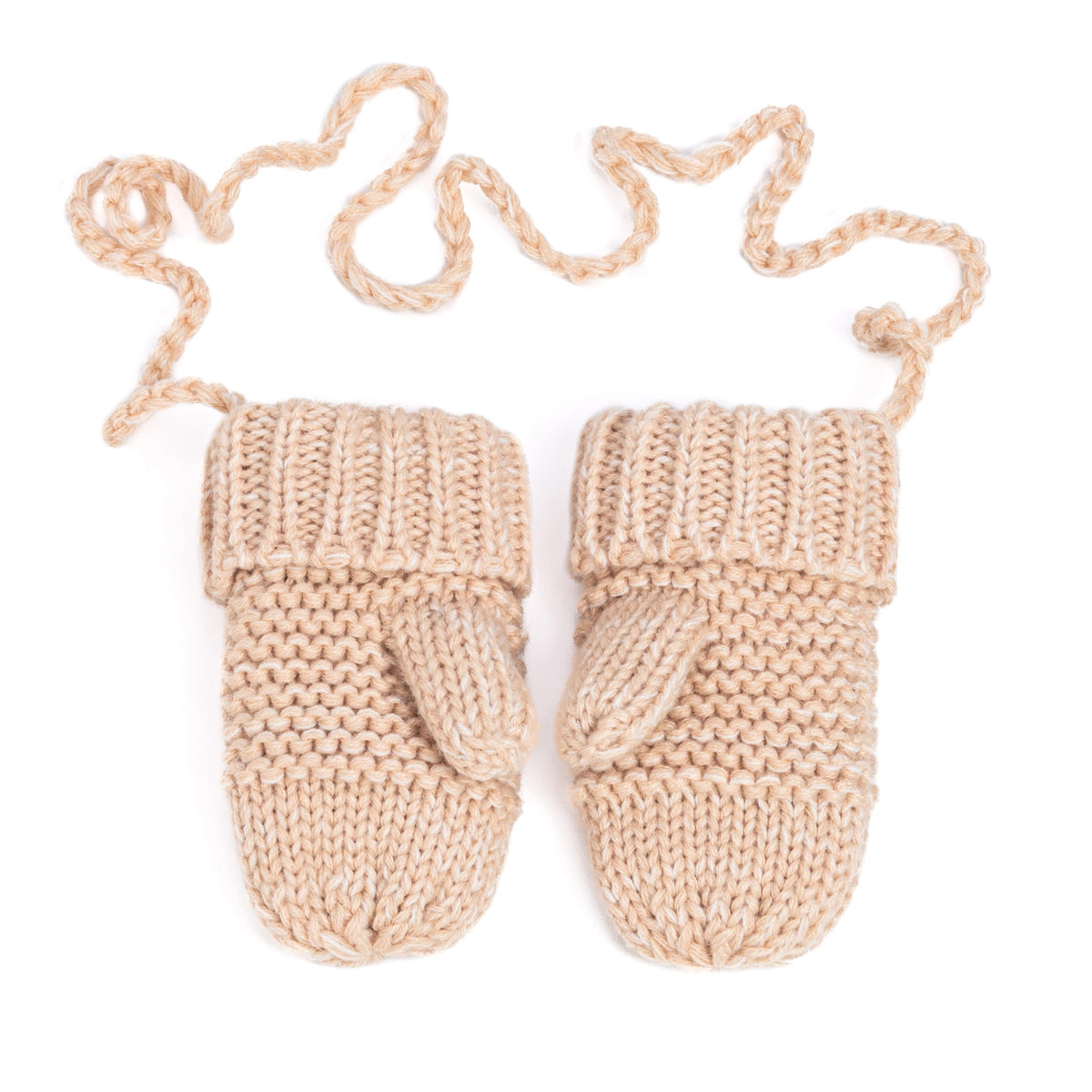 Natural taupe knit chick mittens with ribbed cuffs and attached dangling cord ties.