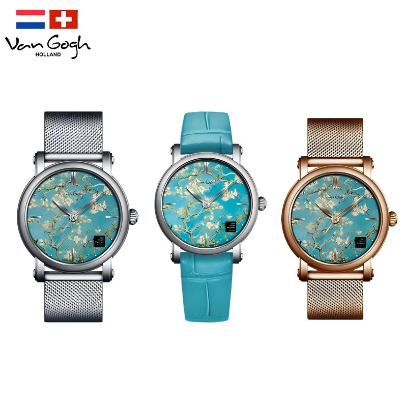 Women's quartz watch set: teal floral dials with silver mesh, turquoise leather, and rose gold mesh.