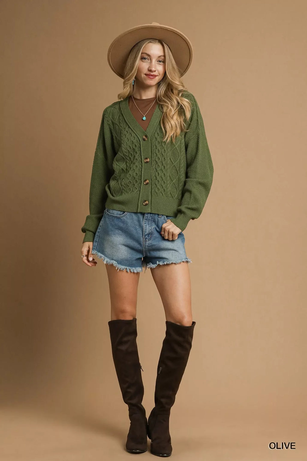 Olive chunky cable-knit V-neck button-up cardigan, long sleeves.