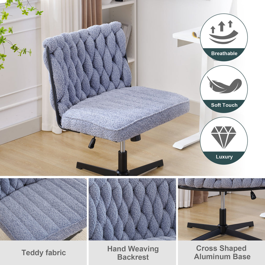 Blue armless desk chair with tufted back and cushioned seat, and black star base