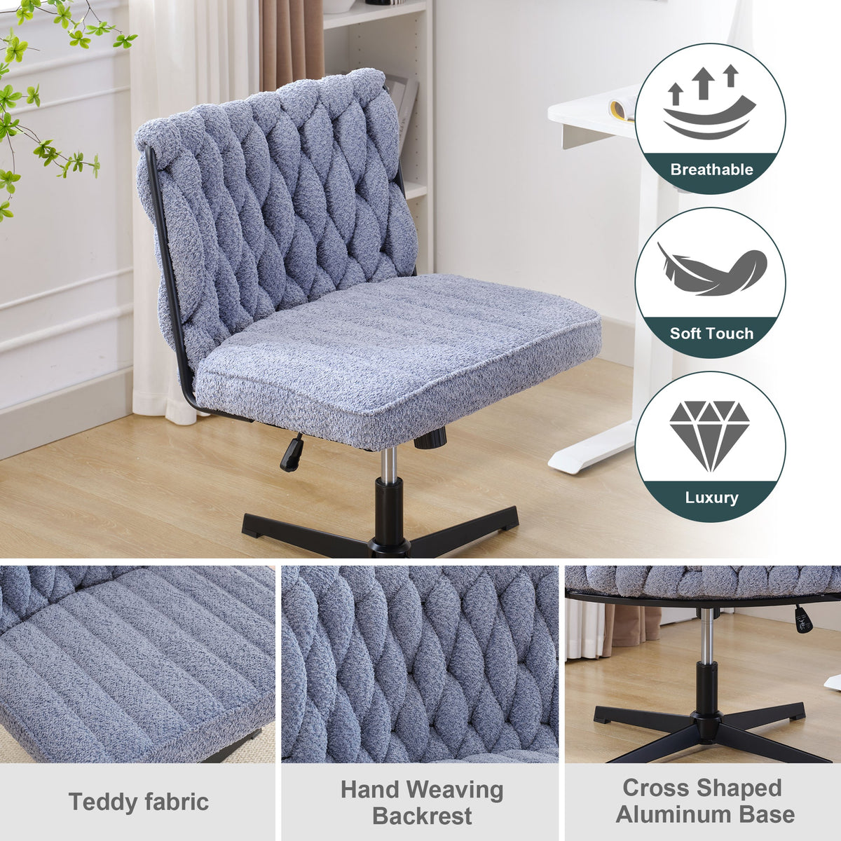 Blue armless desk chair with tufted back and cushioned seat, and black star base