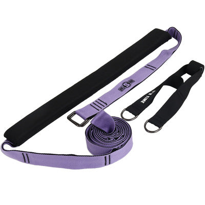 Black and purple yoga stretch band with black straps and metal buckles