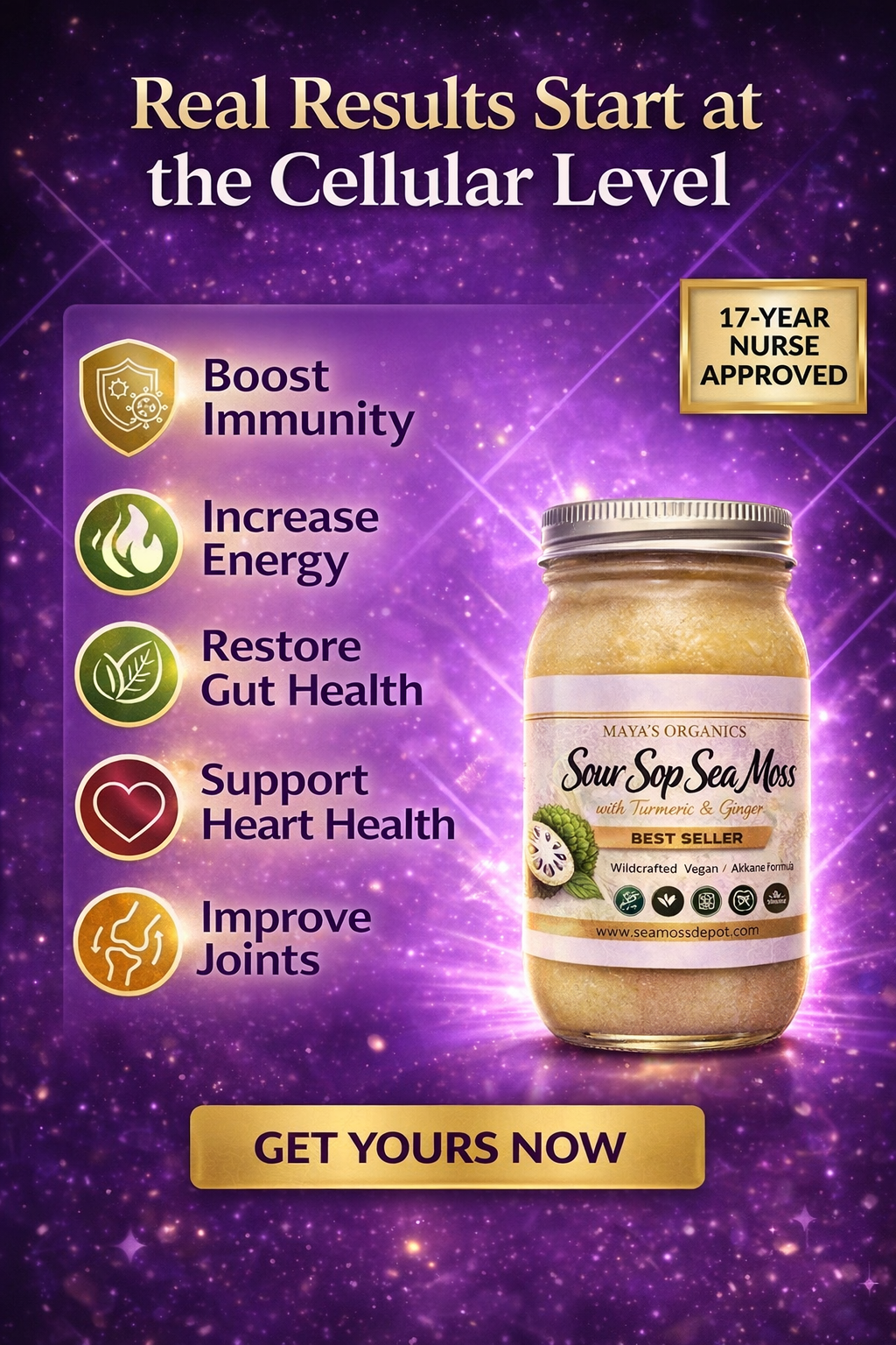 Soursop sea moss gel jar with amber gel and silver metal lid