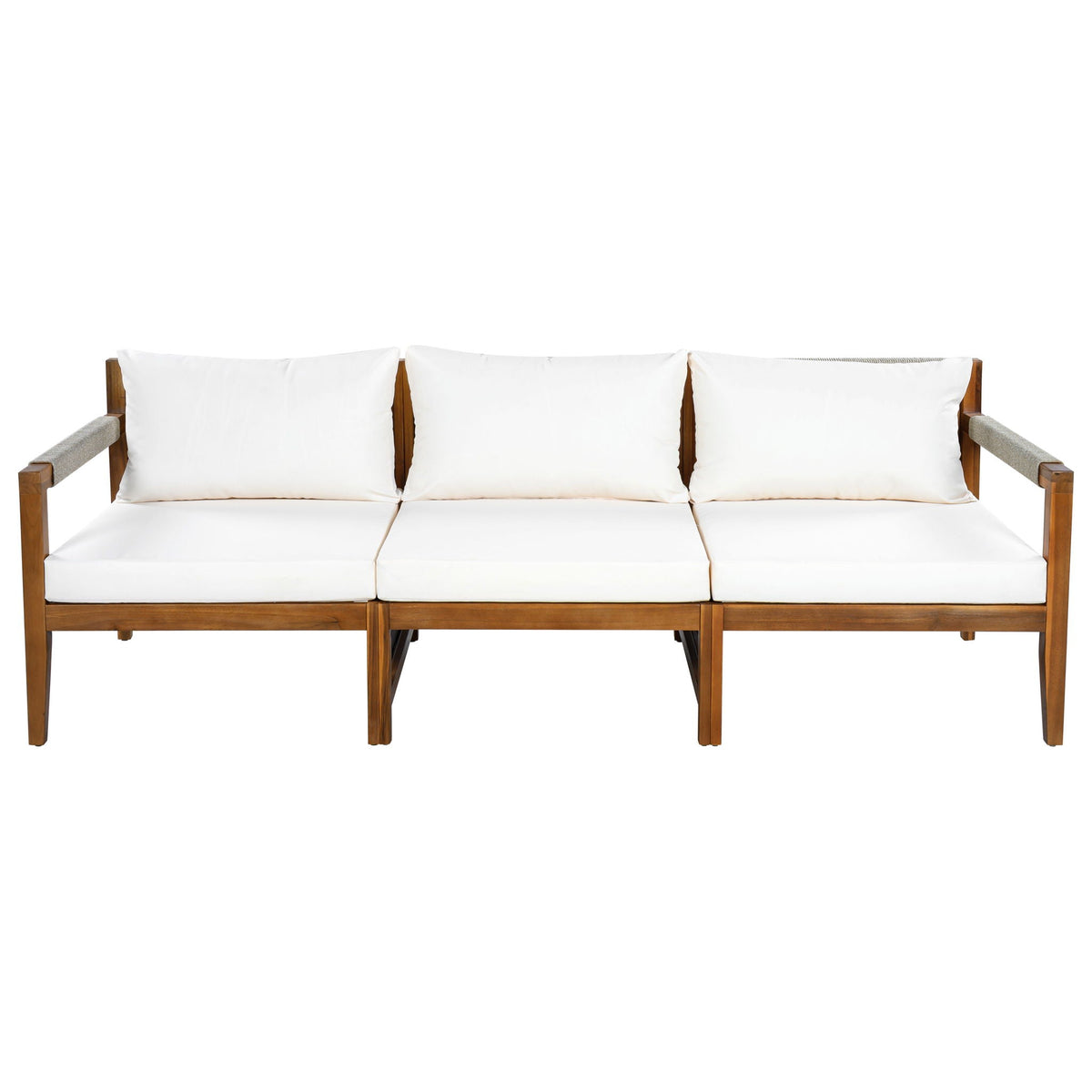 Outdoor loveseat sofa with white seat cushions and acacia wood frame
