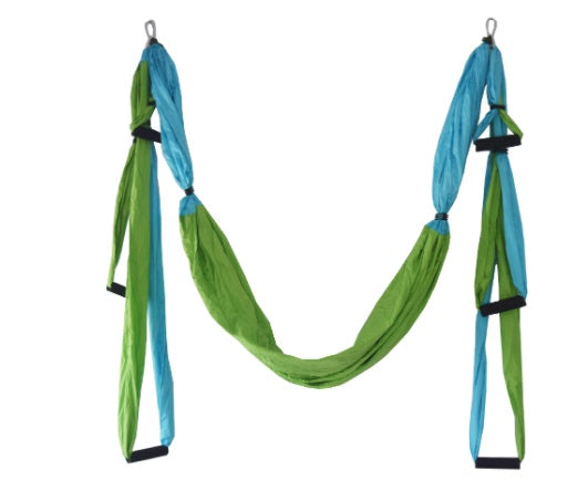 Two-tone blue and green aerial yoga hammock swing with black strap loops