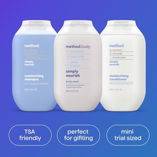 Three Simply Nourish travel bottles: moisturizing shampoo, body wash, moisturizing conditioner