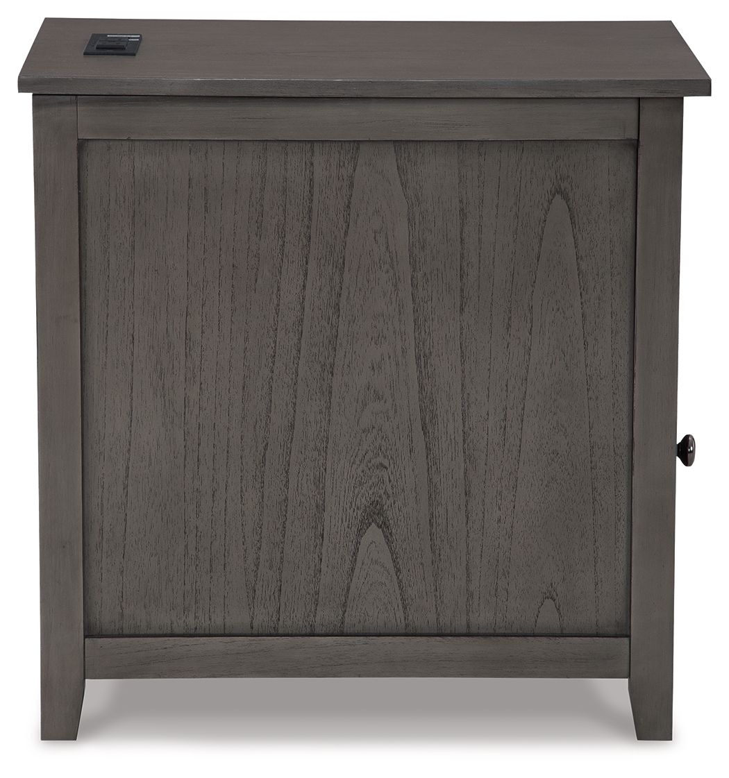 Chair side end table in dark gray wood with front cabinet panel and side door knob