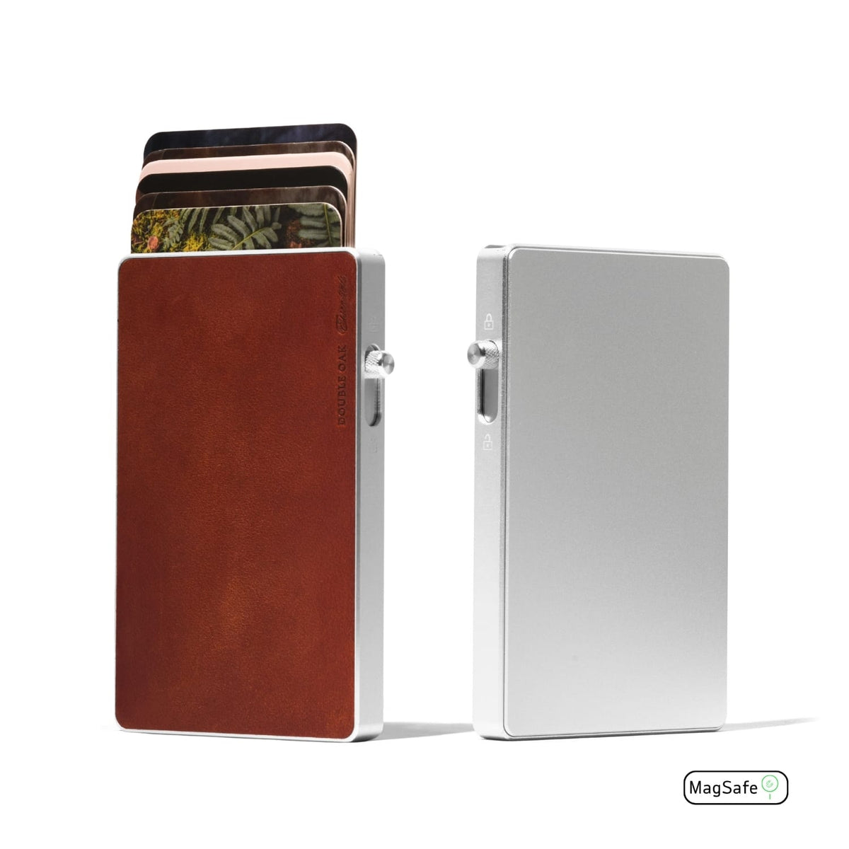 Brown leather Mod wallet with silver MagSafe plate, card holder and side hardware