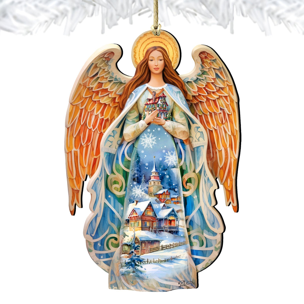Wooden angel ornament, front view, blue dress with nativity scene and orange wings