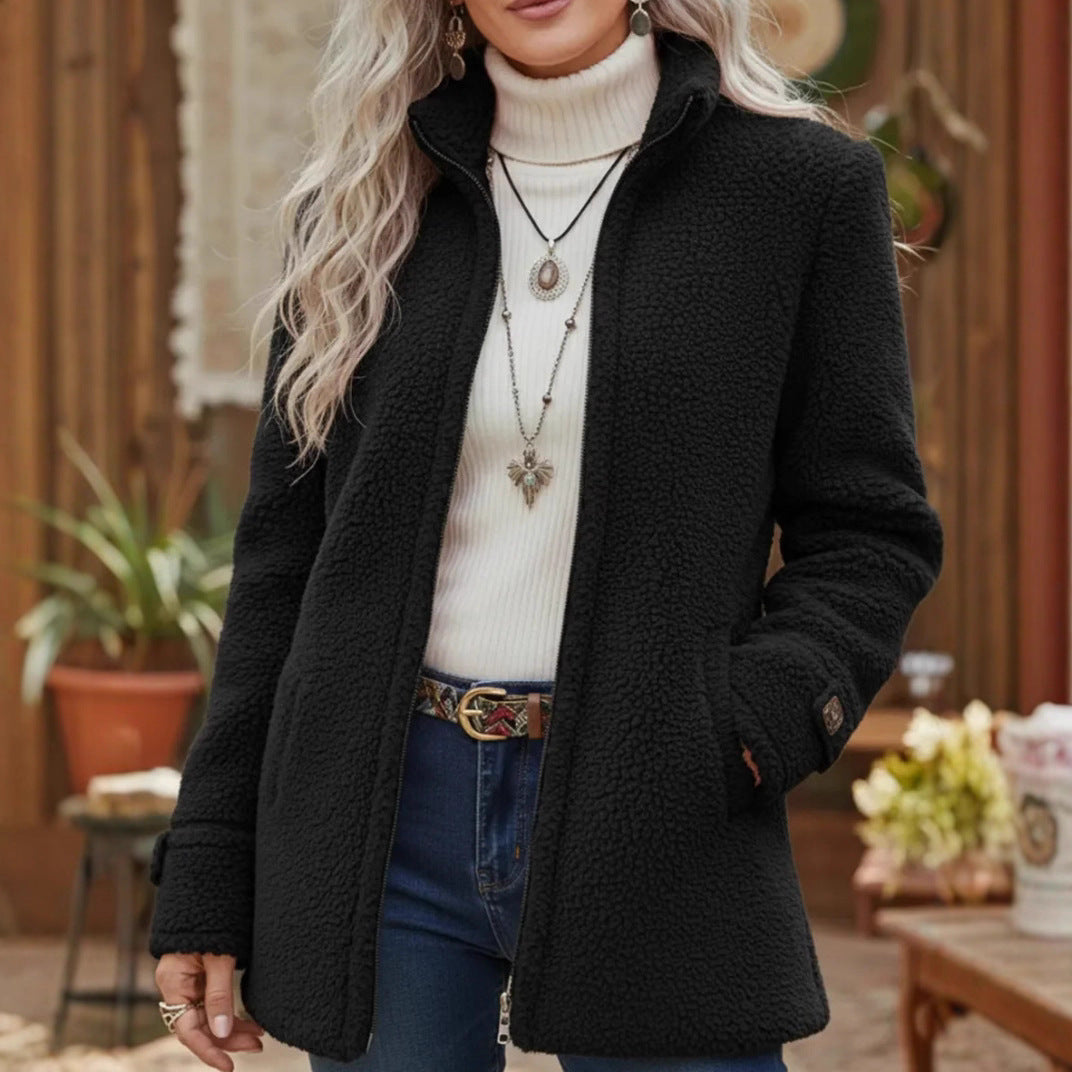 Women's black fleece zip-up jacket with stand collar, long sleeves