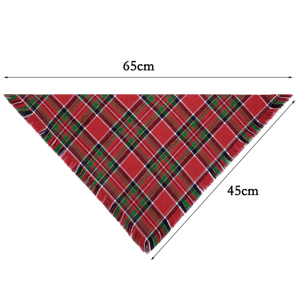 Red and green plaid triangle dog bandana with fringe tassel edges