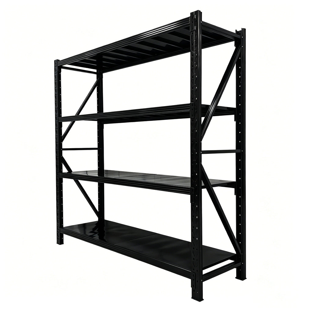 Unloaded black four-tier industrial metal shelving rack with diagonal support braces