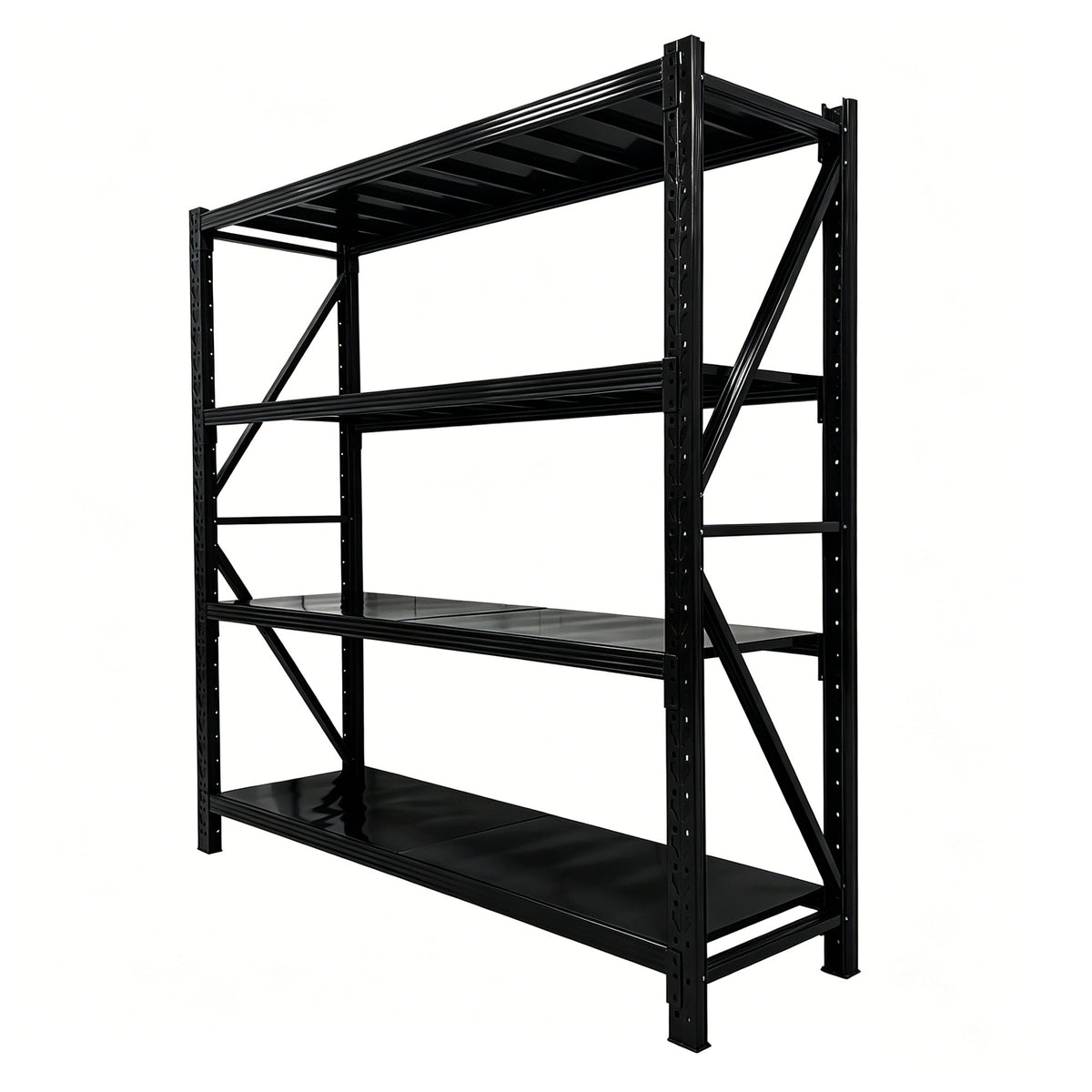 Unloaded black four-tier industrial metal shelving rack with diagonal support braces