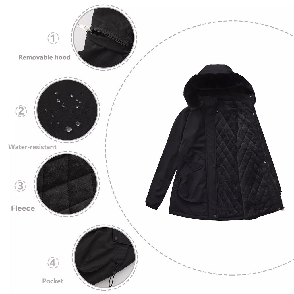 Plus-size winter parka, black with fur-trim hood and quilted jacket front