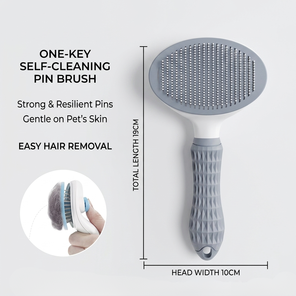 Self-cleaning pin brush with gray oval spiked head and textured handle, sized diagram