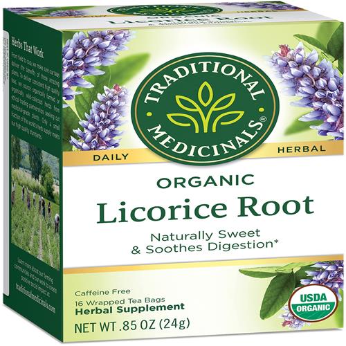 Traditional Medicinals organic licorice root herbal tea box with front and side panels