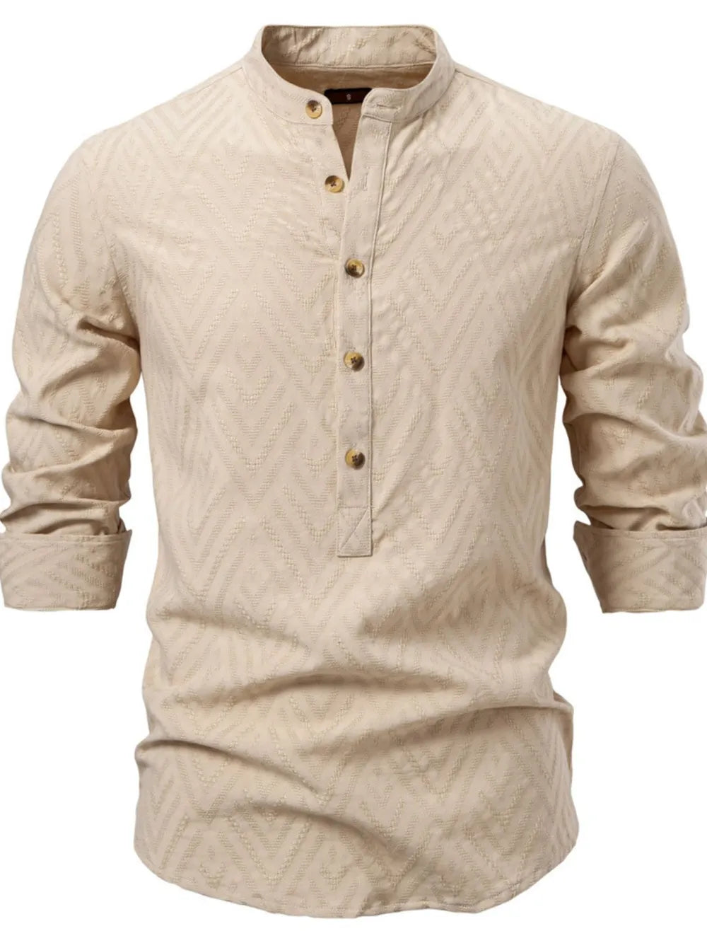 Men's half-button texture collared shirt, khaki, three-quarter sleeves, stand collar