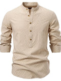 Men's half-button texture collared shirt, khaki, three-quarter sleeves, stand collar