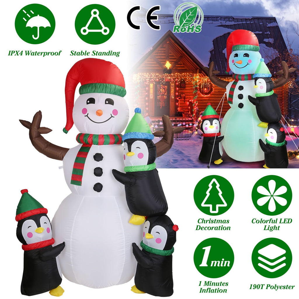 Inflatable snowman with penguins, red hat and striped scarf, colorful LED accents