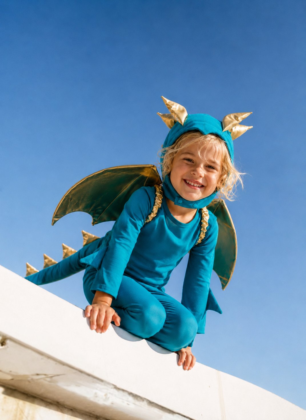 Turquoise dragon costume with gold-trim wings and headpiece, toddler in jumpsuit and cape.