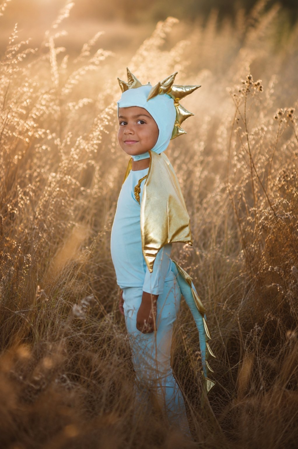 Sky blue dragon costume with gold spiked headpiece, hooded jumpsuit, and winged accents.
