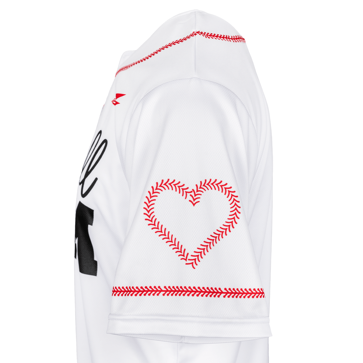 White baseball jersey side view with red heart graphic and baseball-style stitching