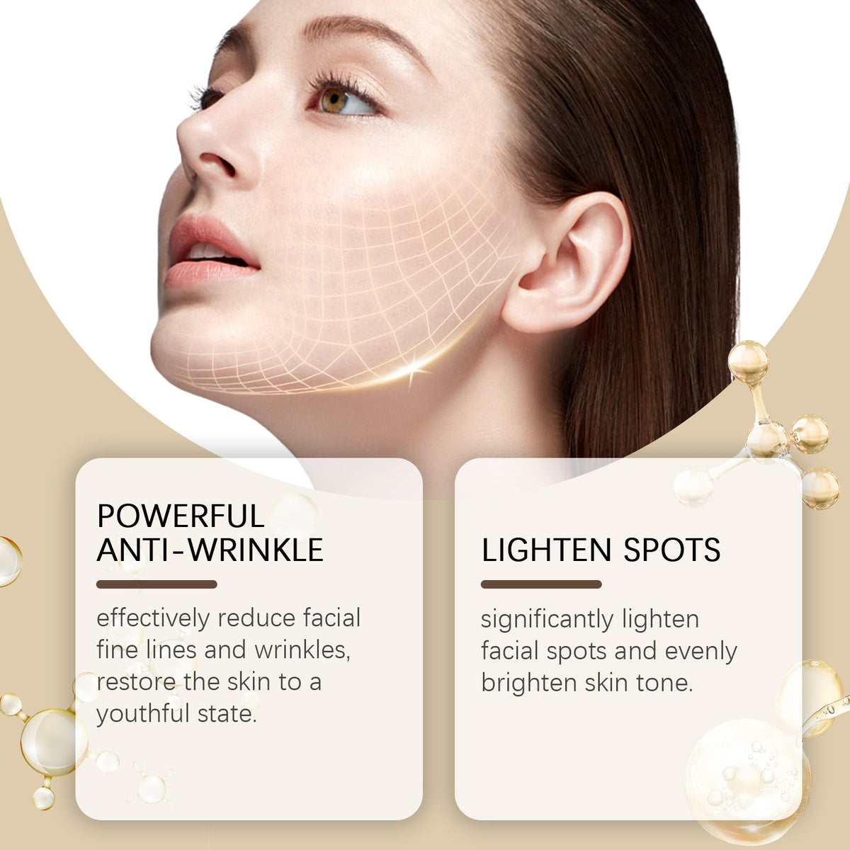 Anti-wrinkle facial skincare gift set with model and gold cream drop detail