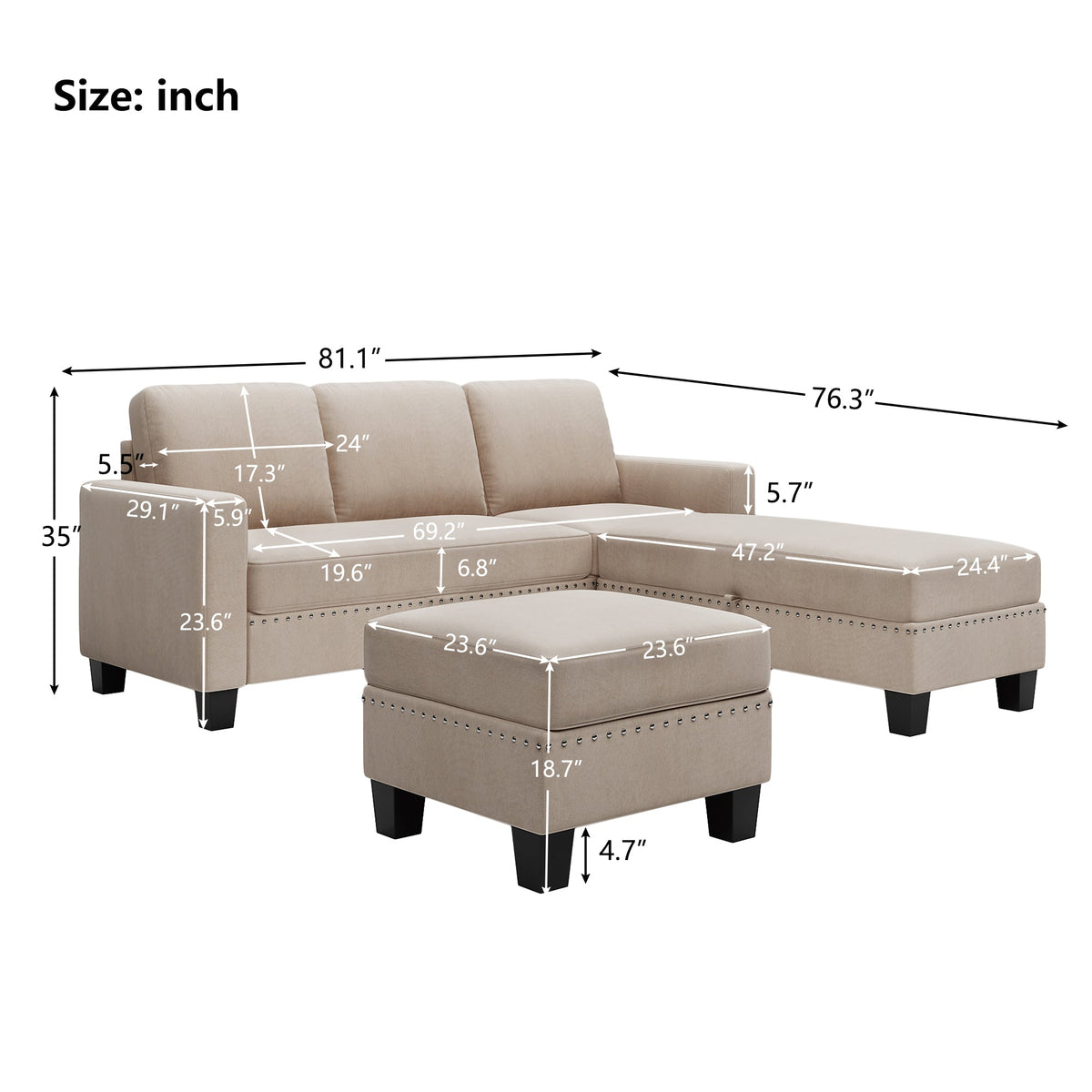 Warm grey sectional sofa and ottoman with labeled dimensions in inches
