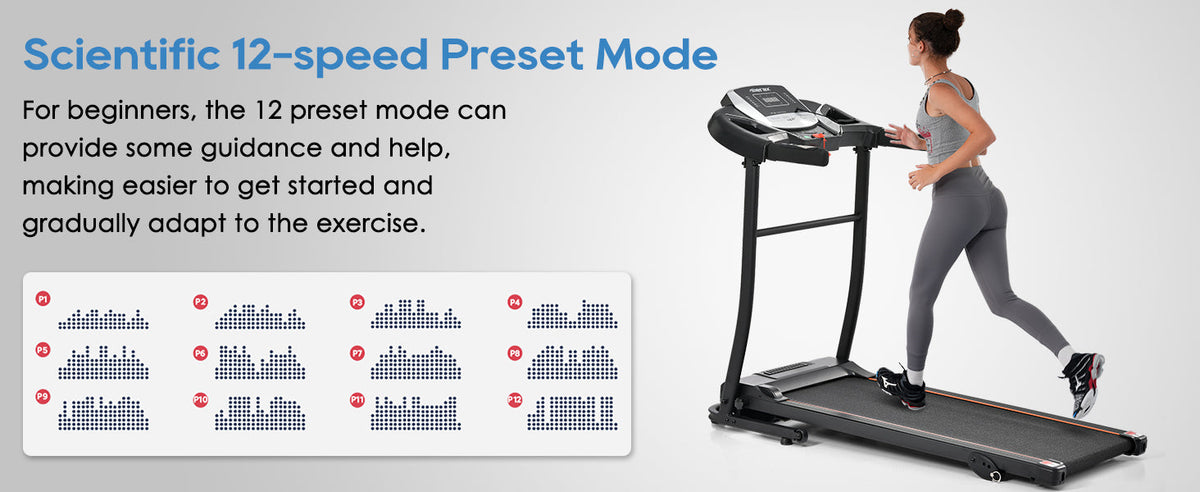 Folding treadmill with console and running belt, preset mode display on screen