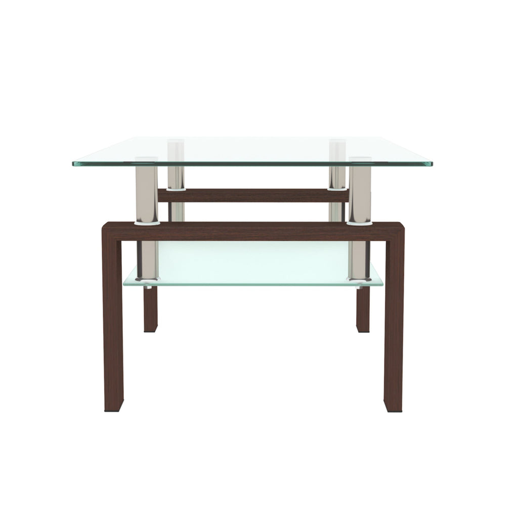 Rectangular clear glass coffee table with walnut frame, chrome posts, and lower glass shelf