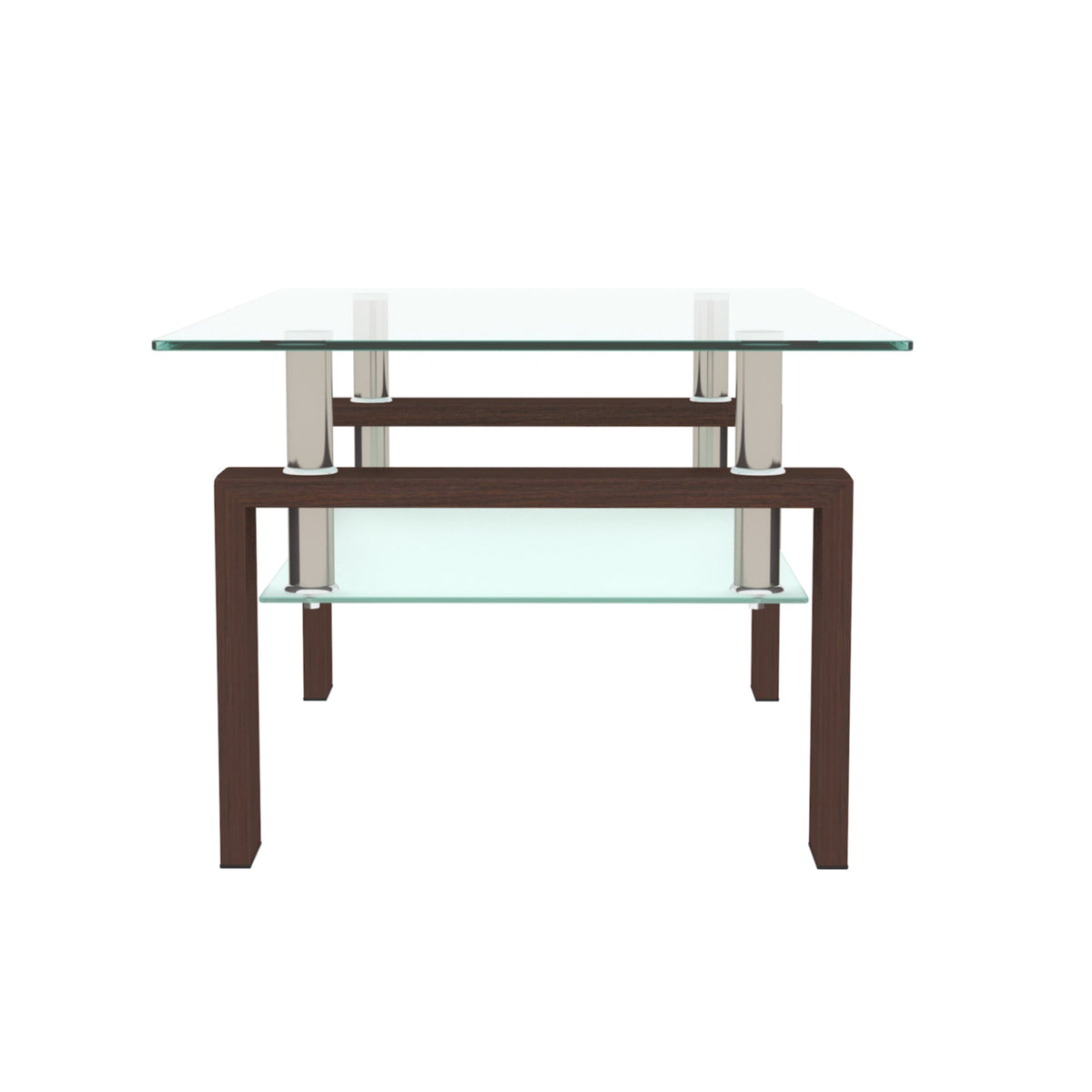 Rectangular clear glass coffee table with walnut frame, chrome posts, and lower glass shelf