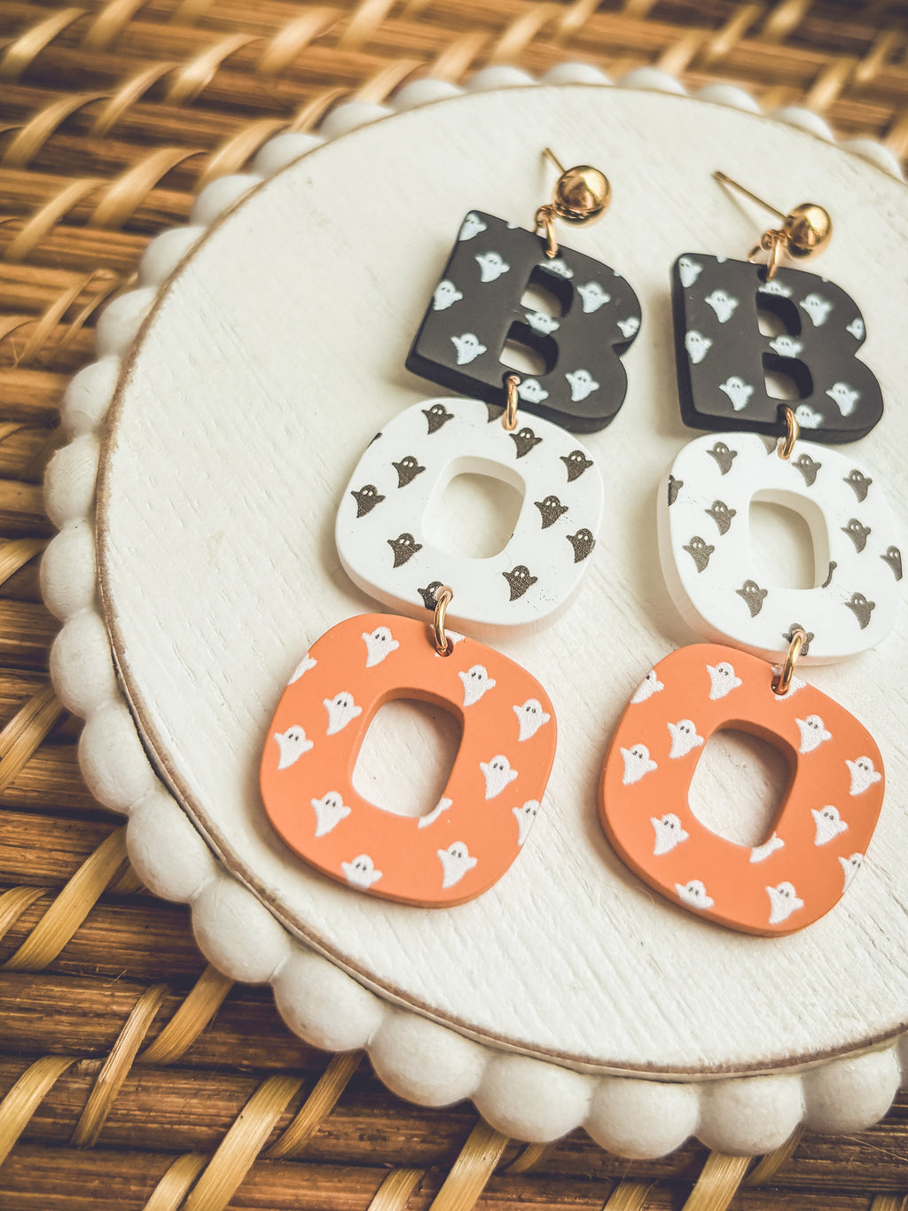 Halloween letter B earrings with heart-print tiles and orange ring drop dangles