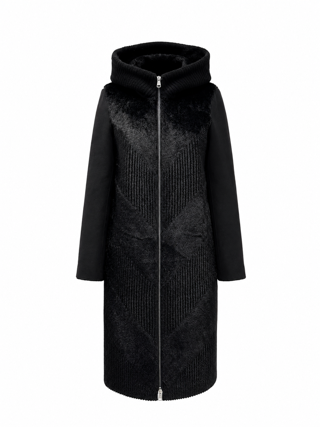 Black reversible faux fur & suede hooded coat with textured panel and front zipper