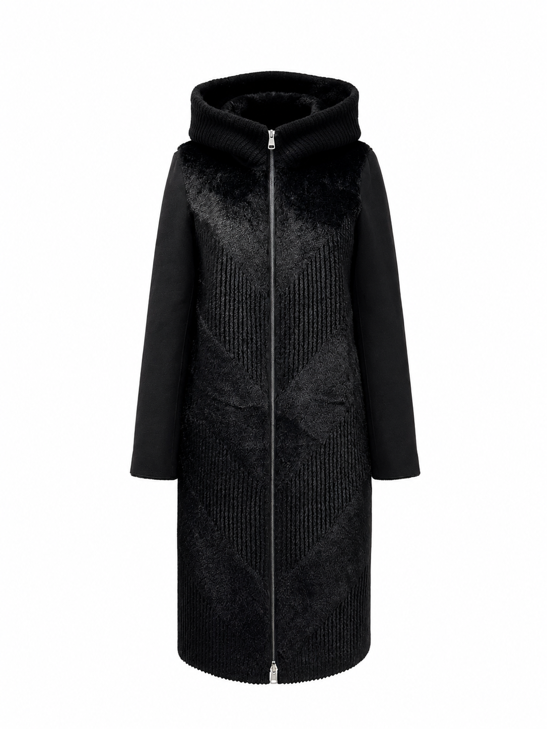 Black reversible faux fur & suede hooded coat with textured panel and front zipper