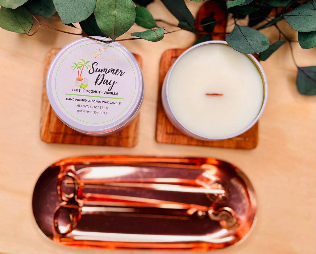 Cream wax wood wick candle labeled Summer Day in round tin
